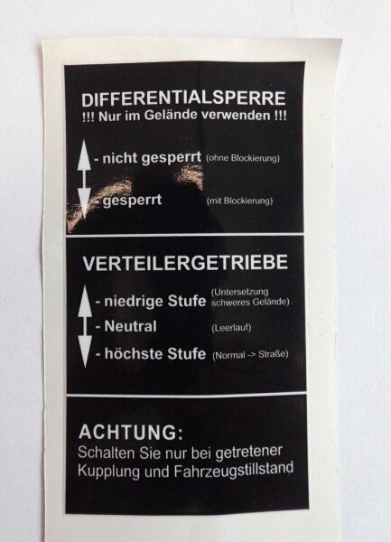 Aufkleber für Verteilergetriebe und die Differentialsperre Lada Niva